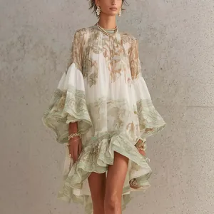 Women's Bohemian Floral Printed Ruffle Dress Bell Sleeve Loose Vacation Fashion Mini Dress Creamy White A-Line Resort Wear