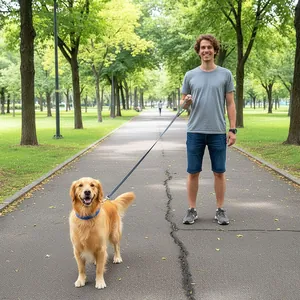 Hands-free multi-functional pet leash shown in outdoor park setting with golden retriever