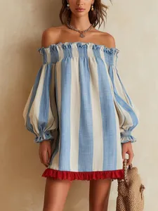 Off-the-shoulder blue and white striped dress with bubble sleeves and red ruffled hem