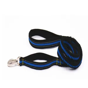 Close-up detail of the durable blue and black elastic bungee dog leash for running