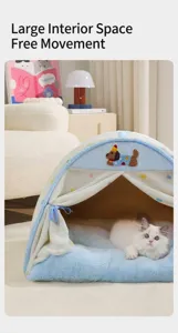 Detail of cozy semi-enclosed plush pet tent with soft cushion and cute dog embroidery
