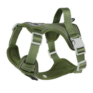 Detailed view of the breathable mesh green dog harness with reflective strips