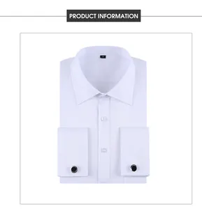 Detailed view of a white French cuff dress shirt with elegant black cufflinks.