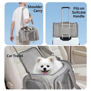 Versatile grey breathable pet carrier for car travel shoulder carry and luggage attachment