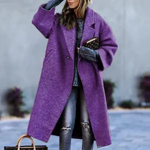 Detailed view of the purple long wool coat with wide lapels and oversized fit