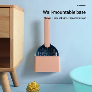 ABS Durable Cat Litter Shovel With Wall-Mounted Base Set Ergonomic Long Handle Pet Waste Sifting Scoop Cleaning Supplies