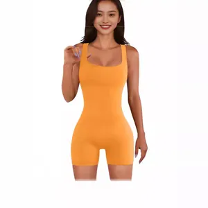 Summer women's solid orange square neck sleeveless waist-slimming yoga romper jumpsuit