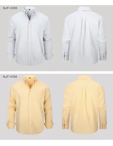 Front and back views of men's casual long-sleeve Oxford shirts in grey and yellow