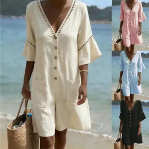 Tuta da Donna Casual in Cotone Lino Scollo a V Manica Corta Romper Estate Tinta Unita Pizzo Spiaggia