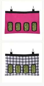 Detailed view of the 4-hole hay bags in solid pink and checkered patterns for small pets.