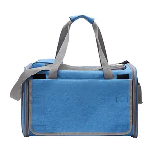 Portable breathable blue pet carrier bag with shoulder strap for cats and small dogs travel