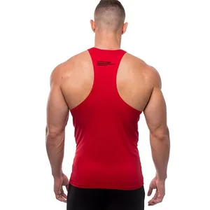 Macro view of red men's stringer tank top showing racerback design and muscular fit