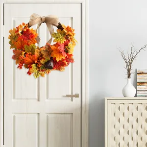 Artificial maple leaf wreath with burlap bow for autumn front door decoration