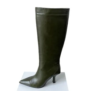 Elegant olive green pointed-toe knee-high boots with stiletto heel and vintage leather texture