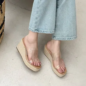 Women Fashion Clear Double Strap Wedge Slippers Square Toe Espadrille Platform Slides High Heel Beach Holiday Sandals Shoes