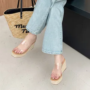 Fashionable women's wedge sandals with transparent straps and espadrille platform heel