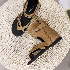 Vintage brown Roman sandals with cross straps and side zipper closure for women
