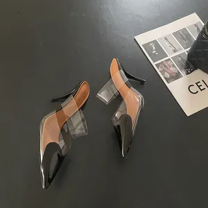 Dettaglio di eleganti sabot a punta con tacco alto e cinturino in PVC trasparente