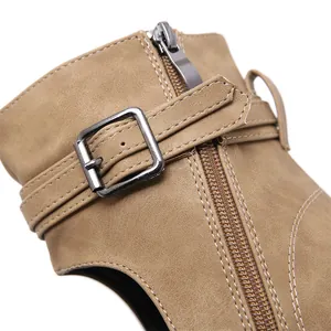 Detailed view of women's Roman sandal with adjustable metal buckle and zipper closure.