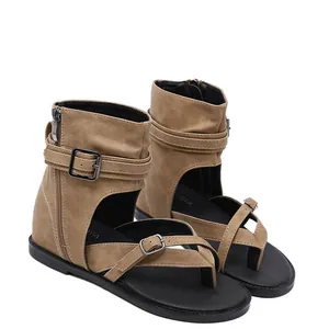 Casual summer women's lightweight soft sole Roman sandals with khaki buckle and zipper