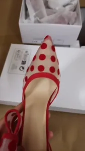 Detaillierte Ansicht des roten Punkt-Netzes und der Samtschleife an eleganten High Heels.