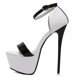 Sexy black and white two-tone platform stiletto sandals with ankle strap for summer