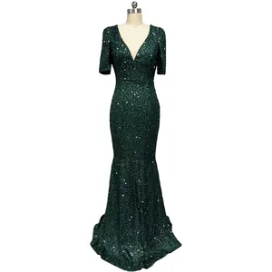 Elegant dark green V-neck sequined mermaid evening gown with short sleeves for formal events