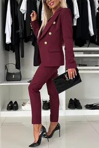 Elegant burgundy double-breasted suit set for women, professional slim fit office wear