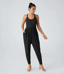 Elegant black sleeveless jumpsuit for women featuring tapered legs and side pockets