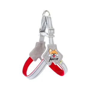 Reflective grey and red dog harness for small dogs with a cute corgi cartoon patch