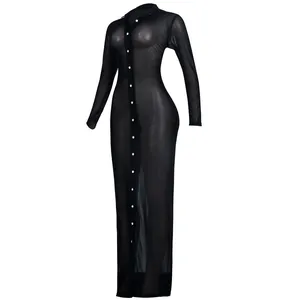 Detailed view of sexy black mesh long-sleeved maxi dress with button-front