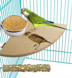 Stainless steel bird feeding bowl set with natural wooden corner platform and perch