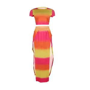 Stijlvolle gradiëntprint tweedelige set met korte mouw crop top en maxi-rok met zijsplit