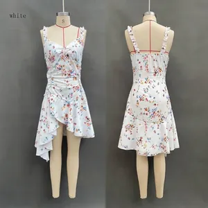 Detailed front and back views of a white floral print V-neck camisole dress with ruffles