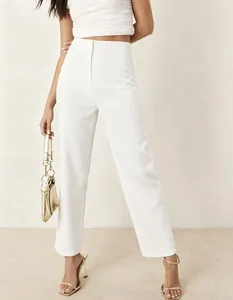 Full view of elegant white high-waisted straight-leg trousers for commute wear.