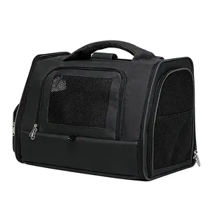 Transportín negro plegable para mascotas con ventanas de malla para gatos y perros