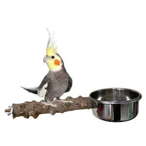 Stainless Steel Bird Feeding Bowl With Natural Prickly Ash Wood Perch Stand Parrot Food Water Cup Cage Accessories