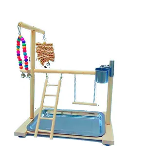 Multifunctional wooden bird playground stand gym with ladder, swing, and stainless steel tray