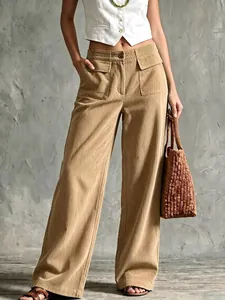 Full-length view of khaki corduroy wide-leg pants with functional front pockets.