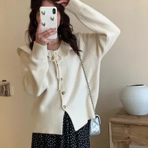 Elegant Korean style cream knit cardigan featuring Peter Pan collar and gold heart buttons
