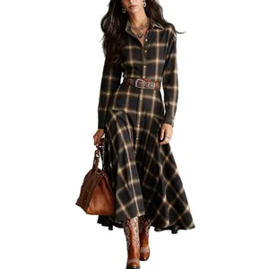 Vintage brown plaid long sleeve shirt dress with maxi flared hem and waist belt