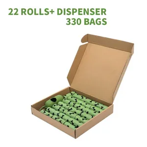 Detail view of 22 rolls of green dog poop bags and one dispenser packed in a cardboard box