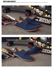 Detailed multi-angle view of navy blue men's suede casual shoes with brown laces