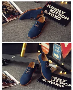 Macro view of navy blue suede men's derby shoes with brown laces in daily life