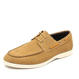 Classic tan suede men's casual loafers with white sole and British style design