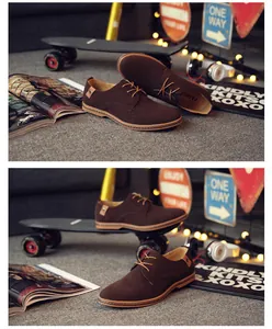 Close-up detail shot of premium brown suede men's casual derby shoes with lace-up design