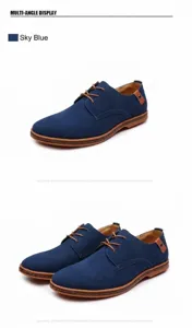 Men's blue suede casual derby shoes with lace-up detail and brown stitching