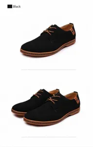 Detailed view of men's black suede lace-up casual dress shoes with brown accents.