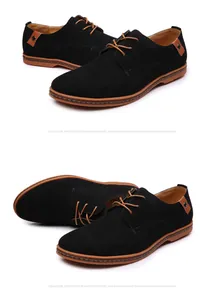 Detailed views showing the texture of black suede men's casual shoes with brown laces