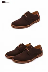 Detailed view of premium dark brown suede men's casual derby shoes with lace-up closure